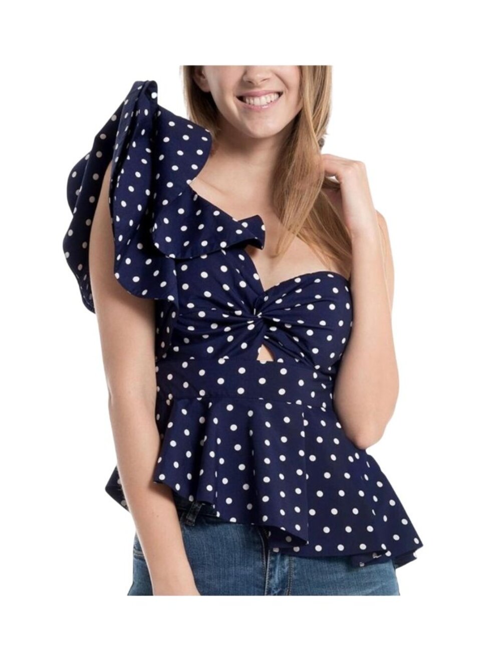 Gracia Blue & White Polka Dot Ruffle One Shoulder Sleeve Blouse - Size M